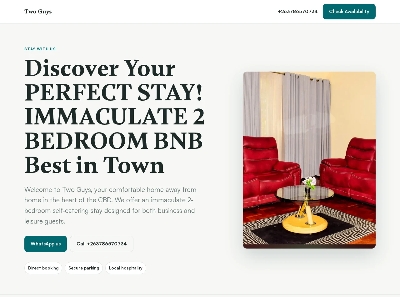 Two Guys live website showing its two-bedroom accommodation and lounge